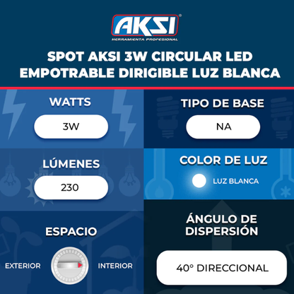 Luminario Empotrable Dirigible Aksi Led Redondo 3w