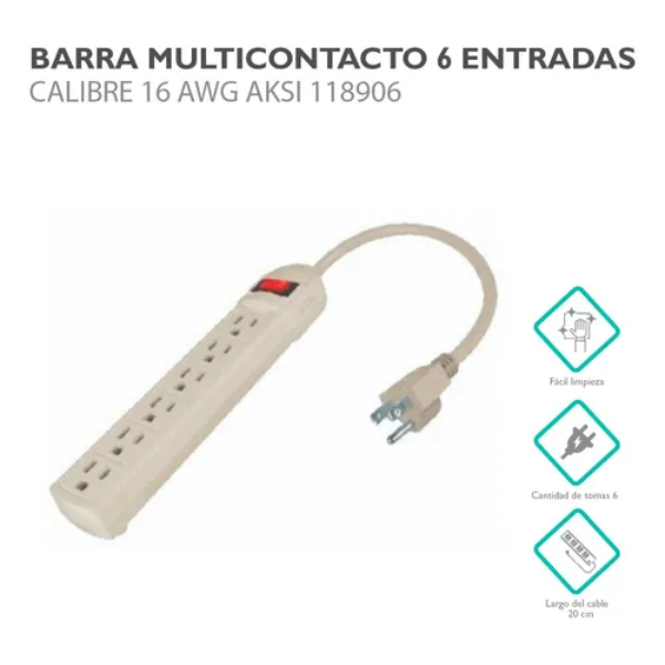 Barra multicontacto 6 entradas cable 20cm 16AWG