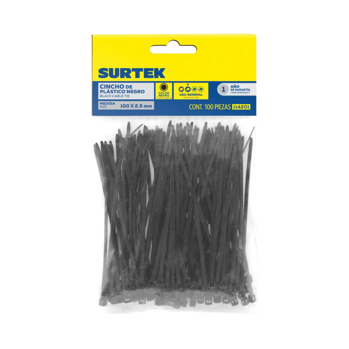 100 Cinchos Plasticos 100 x 2.5 mm Tensión 8 Kg Negros Surtek