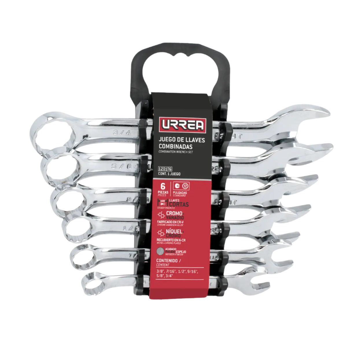 Juego de llaves combinadas cortas pulido espejo en pulgadas, 12 puntas, 6 pz en rack