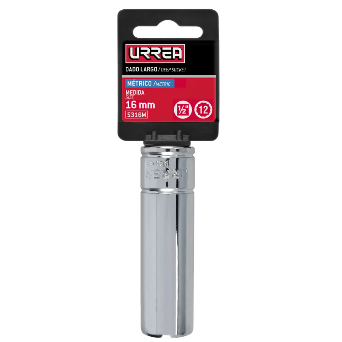 Dado largo cuadro de 1/2 12puntas métrico 16 mm