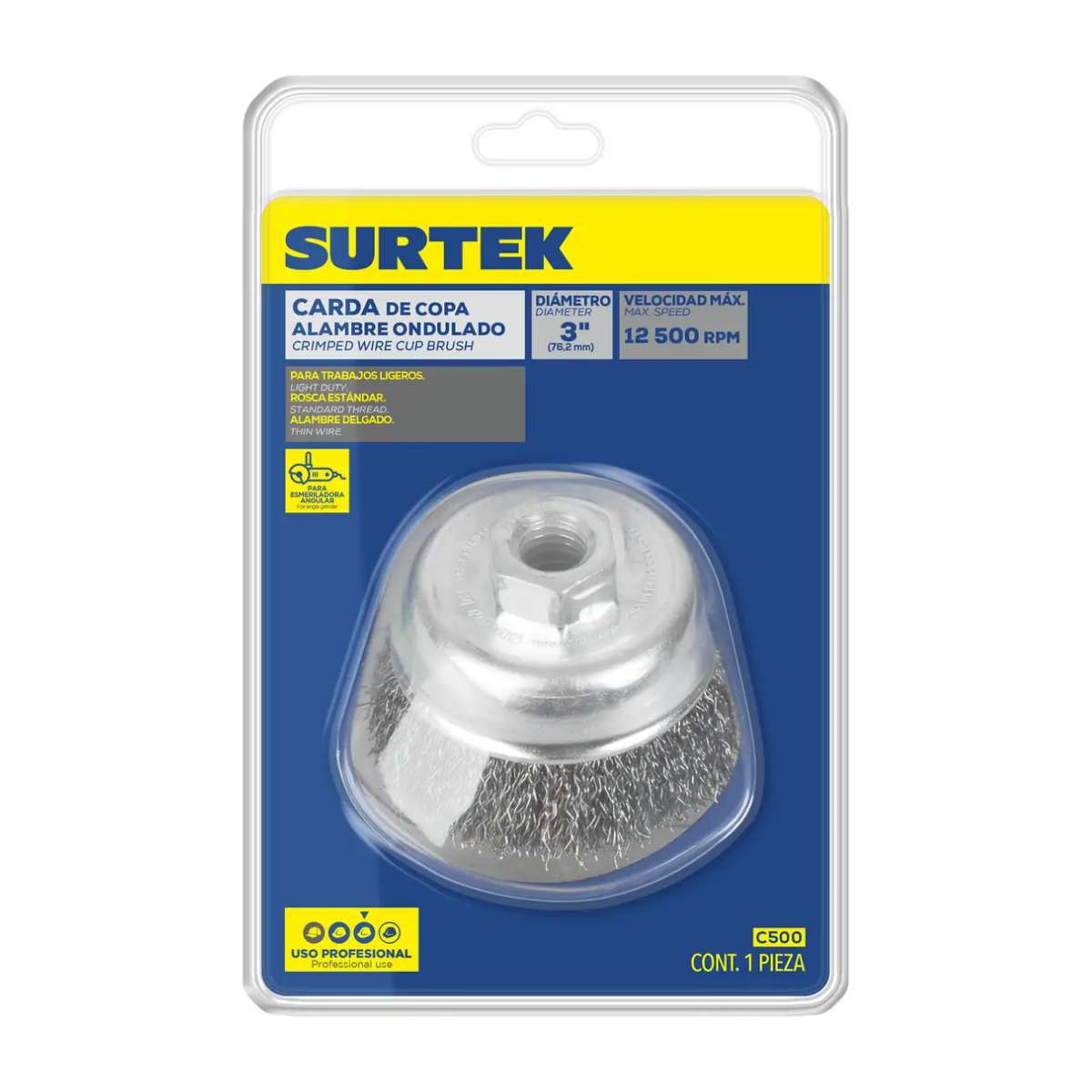 Carda Copa Ondulada Alambre Delgado 4″ x 0.35 mm con Rosca 5/8″ Surtek