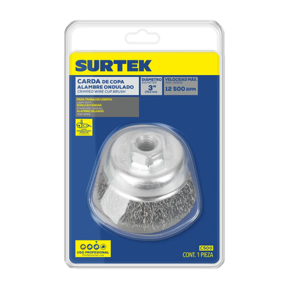 Carda Copa Ondulada Alambre Delgado 4″ x 0.35 mm con Rosca 5/8″ Surtek