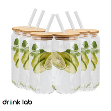 6 Vasos Vidrio Tipo Lata Tapa Bambu Popote 500ml Drink Lab