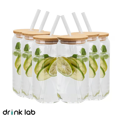 6 Vasos Vidrio Tipo Lata Tapa Bambu Popote 500ml Drink Lab