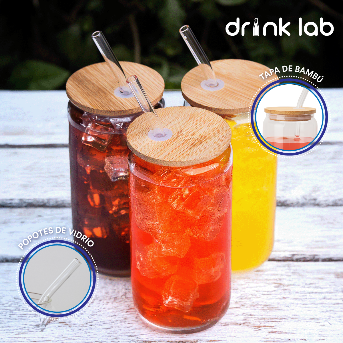6 Vasos Vidrio Tipo Lata Tapa Bambu Popote 500ml Drink Lab