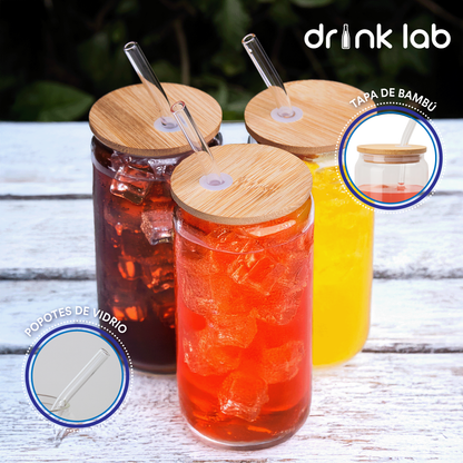 6 Vasos Vidrio Tipo Lata Tapa Bambu Popote 500ml Drink Lab