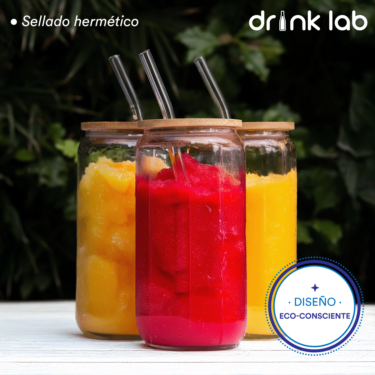 6 Vasos Vidrio Tipo Lata Tapa Bambu Popote 500ml Drink Lab