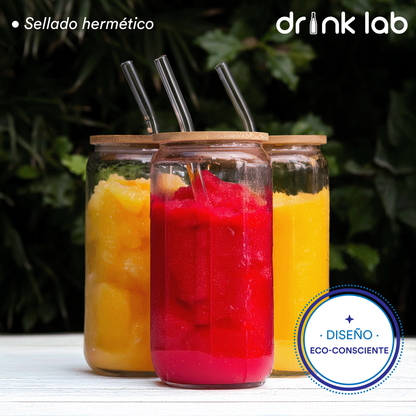 6 Vasos Vidrio Tipo Lata Tapa Bambu Popote 500ml Drink Lab