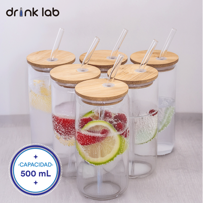 6 Vasos Vidrio Tipo Lata Tapa Bambu Popote 500ml Drink Lab