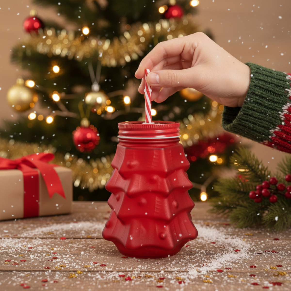 3pz Frasco Mason Arbol Navideño ROJO 580ml