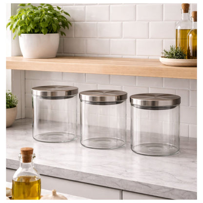 3pz Contenedores Lisos 650ml Borosilicato Vidrio Brocal Tapa