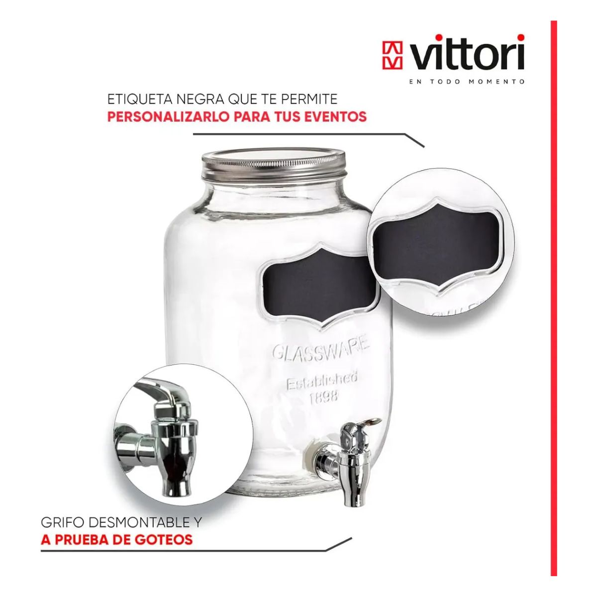 Dispensador Bebidas Vitrolero Vidrio 4l Etiqueta Negra Transparente