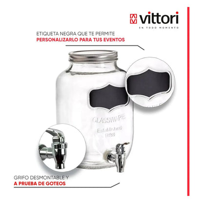 Dispensador Bebidas Vitrolero Vidrio 4l Etiqueta Negra Transparente