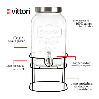 Dispensador Bebidas Con Base 5 Lt Vitrolero Vidrio Vintage Drink Lab