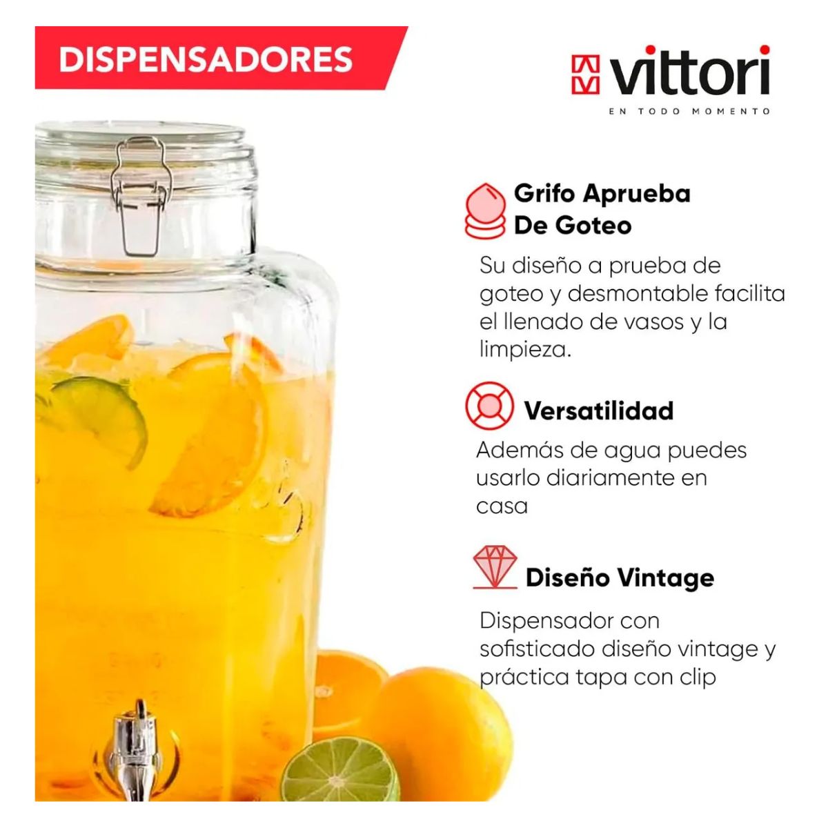 Dispensador Vitrolero De Vidrio Labrado Con Tapa De Clip 8l Color cristalino