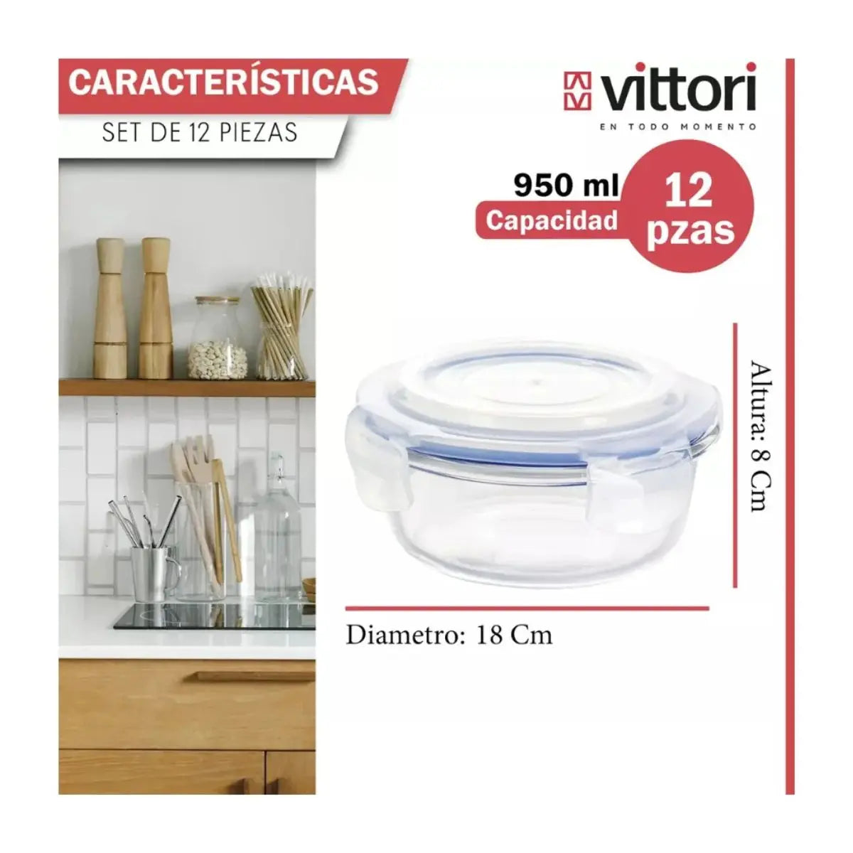 Caja 12 Hermético De Vidrio Redondo Grande 950 Ml - Vittori - vista lateral