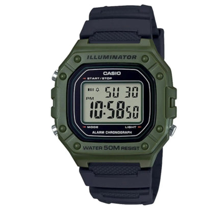 Reloj pulsera Casio Youth W-218H Cuerpo color verde, digital, fondo gris, correa resina negro, minutero/segundero negro, luz ámbar - Casio - vista lateral