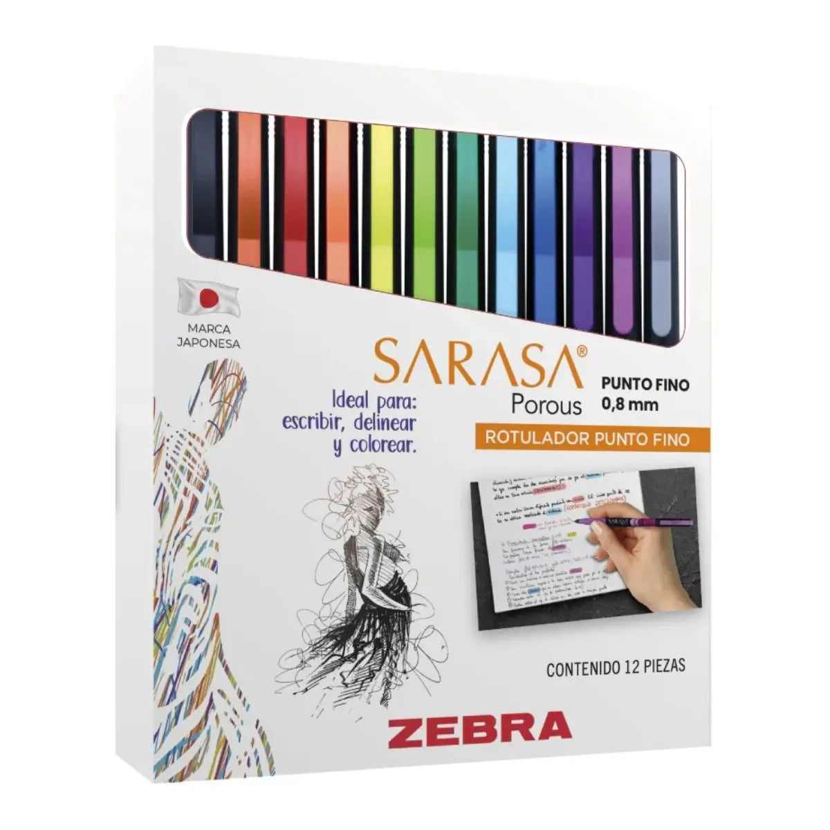 12 Marcadores Rotulador Sarasa Porous Zebra 0.8 Mm Zebra