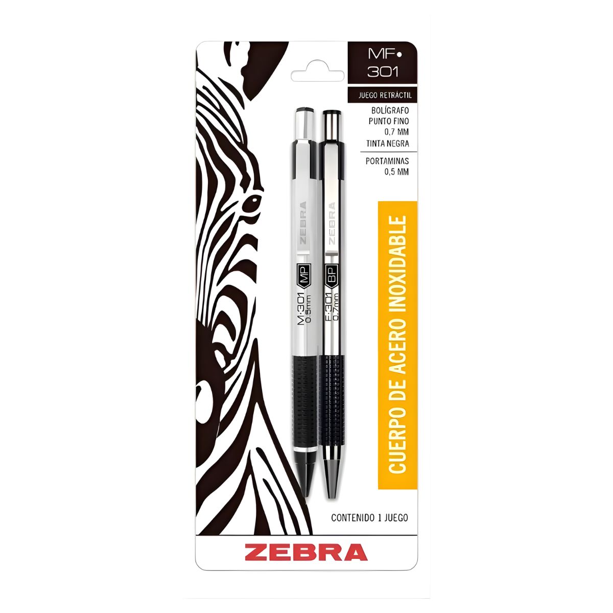 Juego Boligrafo Lapicero Retractil Mf-301 Zebra Acero Negro Negro