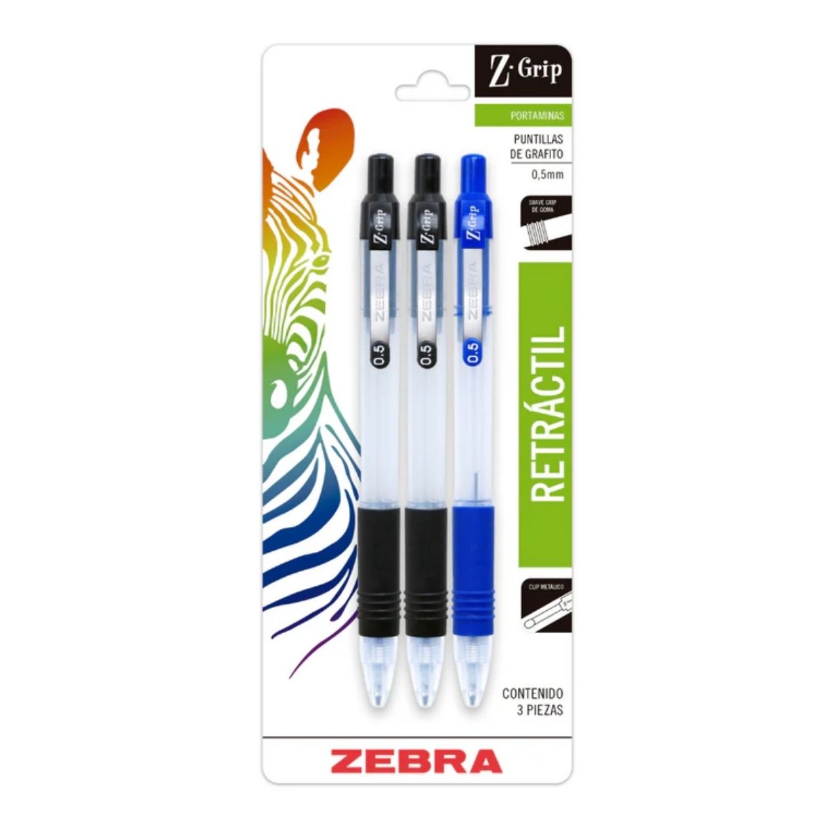 3 Lapiceros Portaminas Z Grip Zebra Retractil 0.5mm