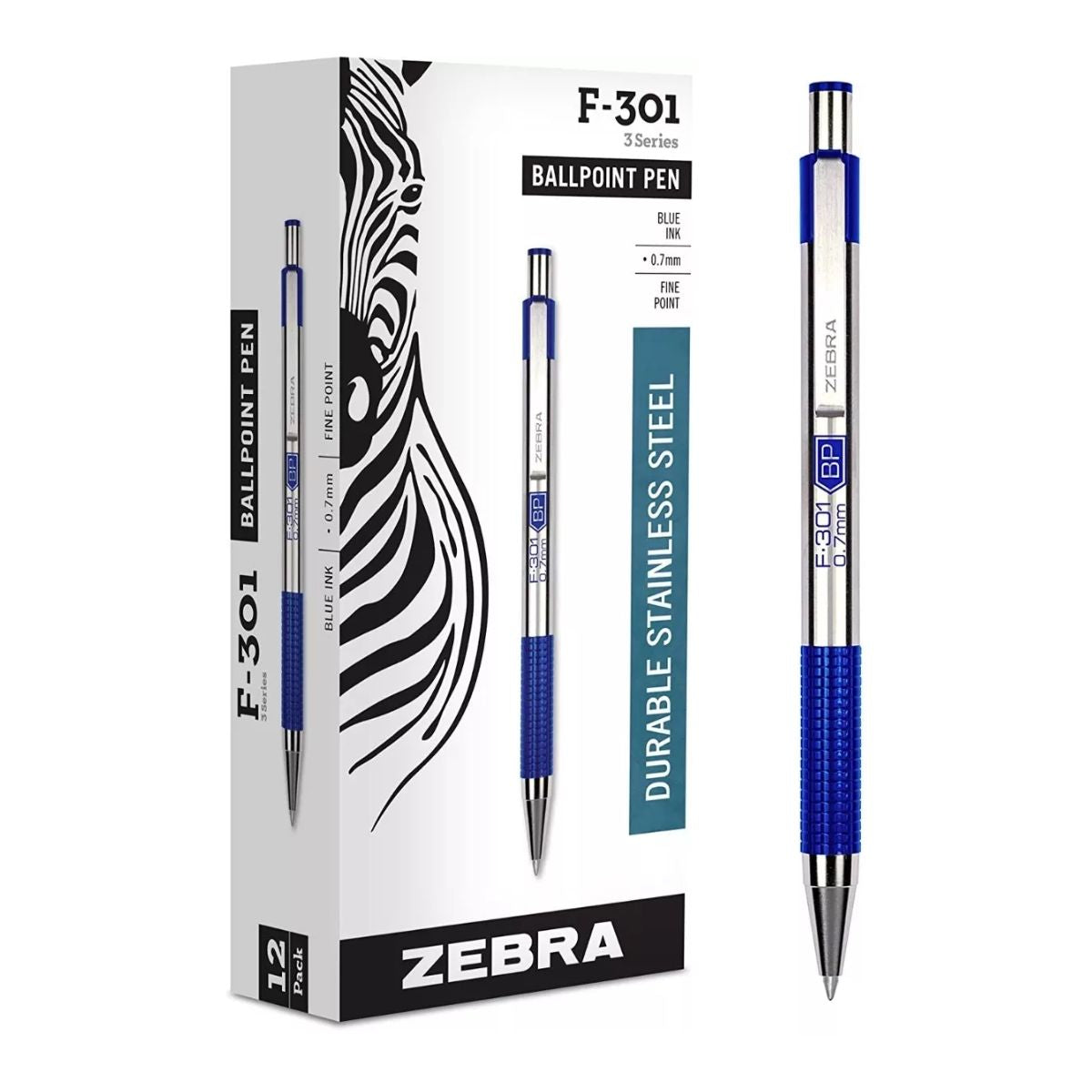 12 Boligrafo Retractil F-301 Zebra Punto Fino 0.7 Mm Azul