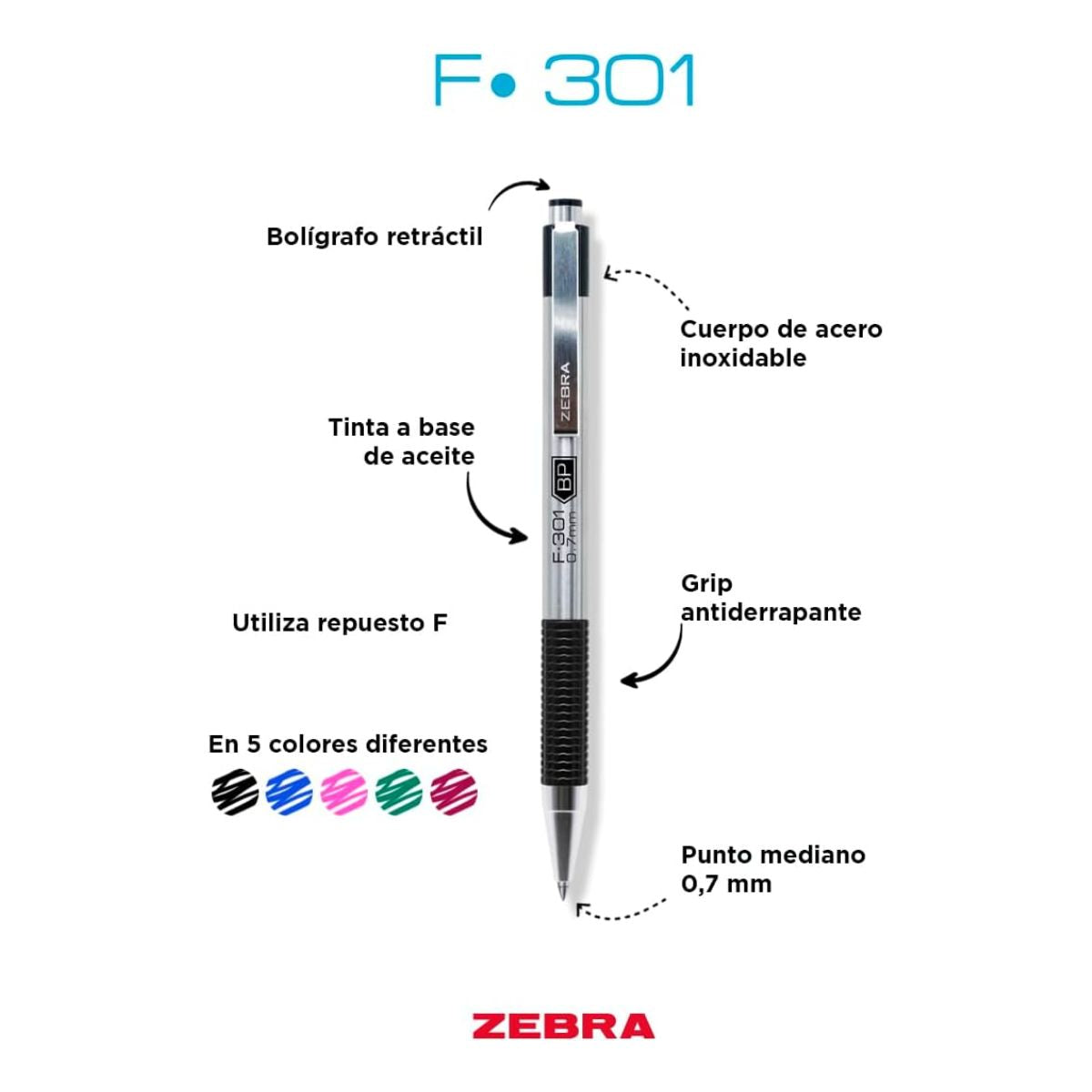 12 Boligrafo Retractil F-301 Zebra Punto Fino 0.7 Mm Azul Zebra