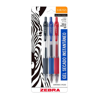 3 Boligrafos Sarasa Tinta Gel Negra Azul Roja Zebra 0.7mm Tinta Rojo/negro/azul