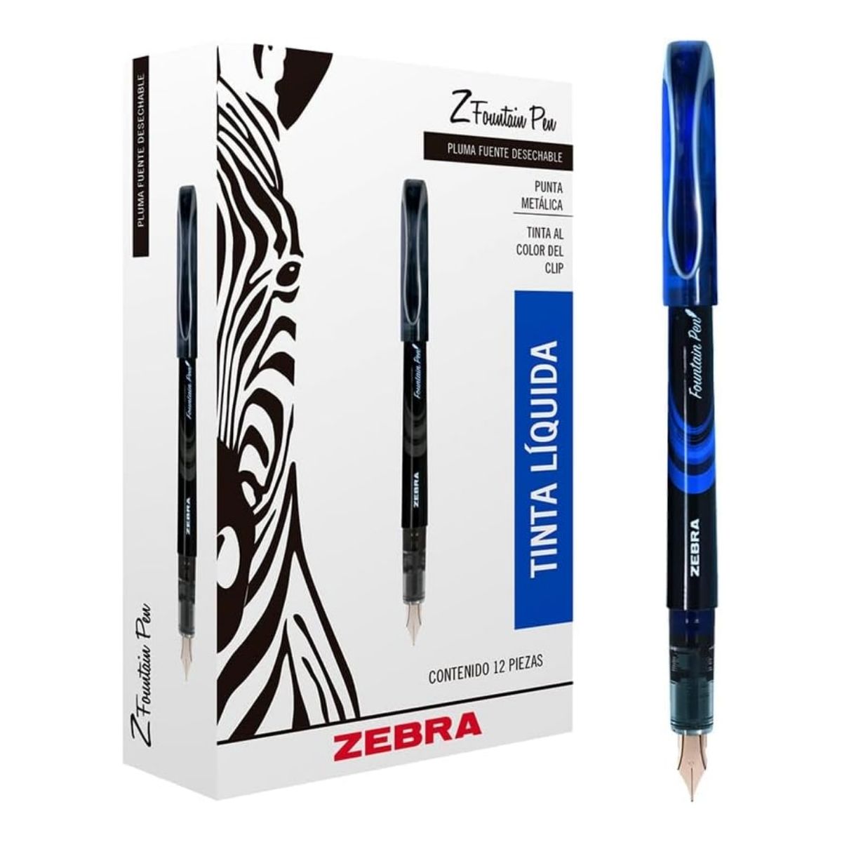 Pack 12 Pluma Fuente Z Fountain Pen Zebra Punta Metal Azul