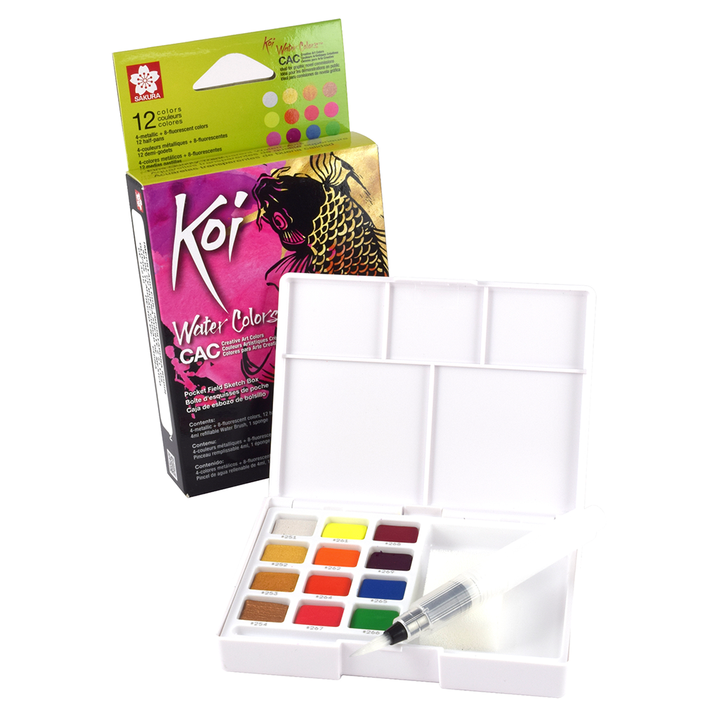 KOI - Set de acuarela portátil con 12 colores fluorescente y metálicos + pincel corto