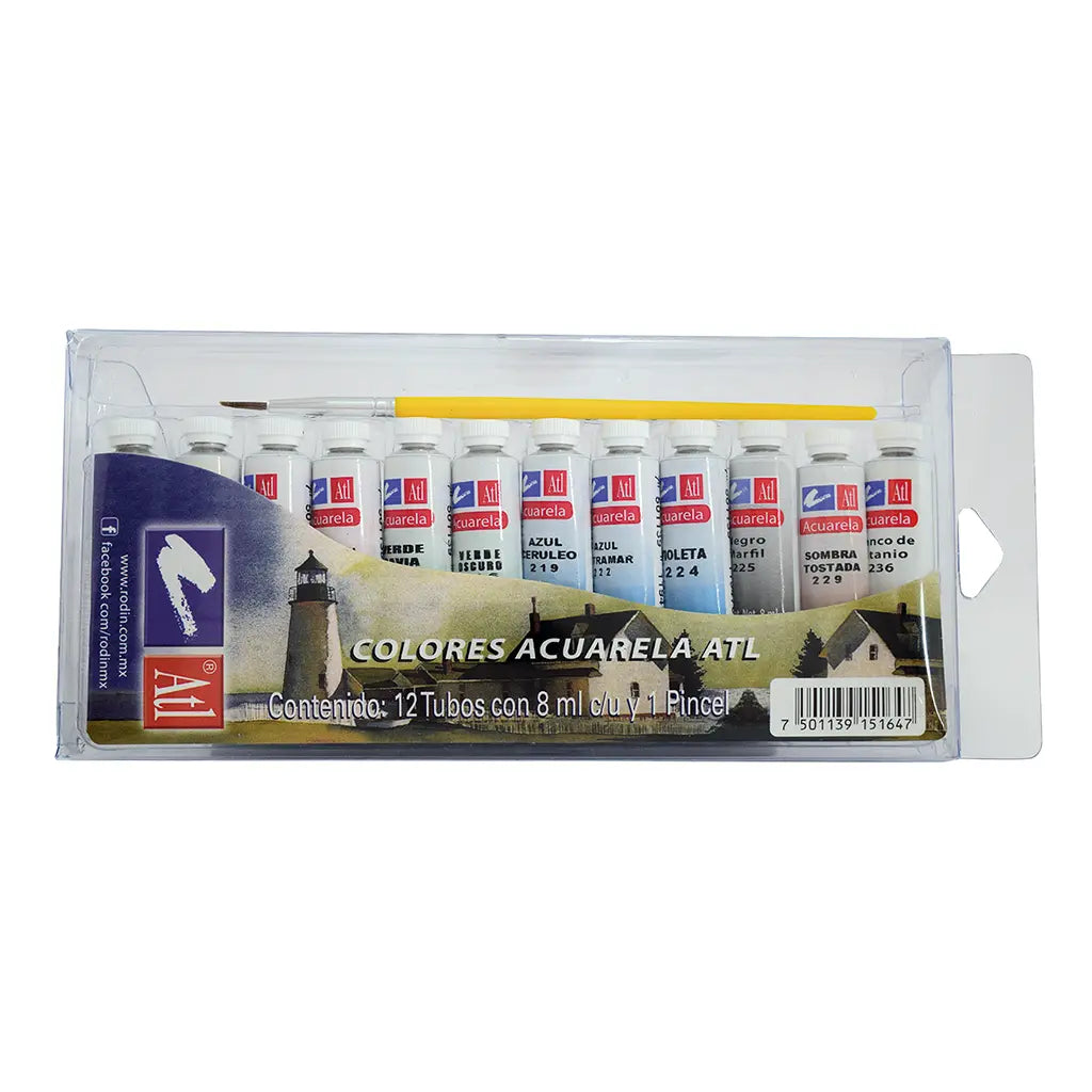 ATL - Estuche acuarela con 12 tubos de 8 ml + pincel ATL
