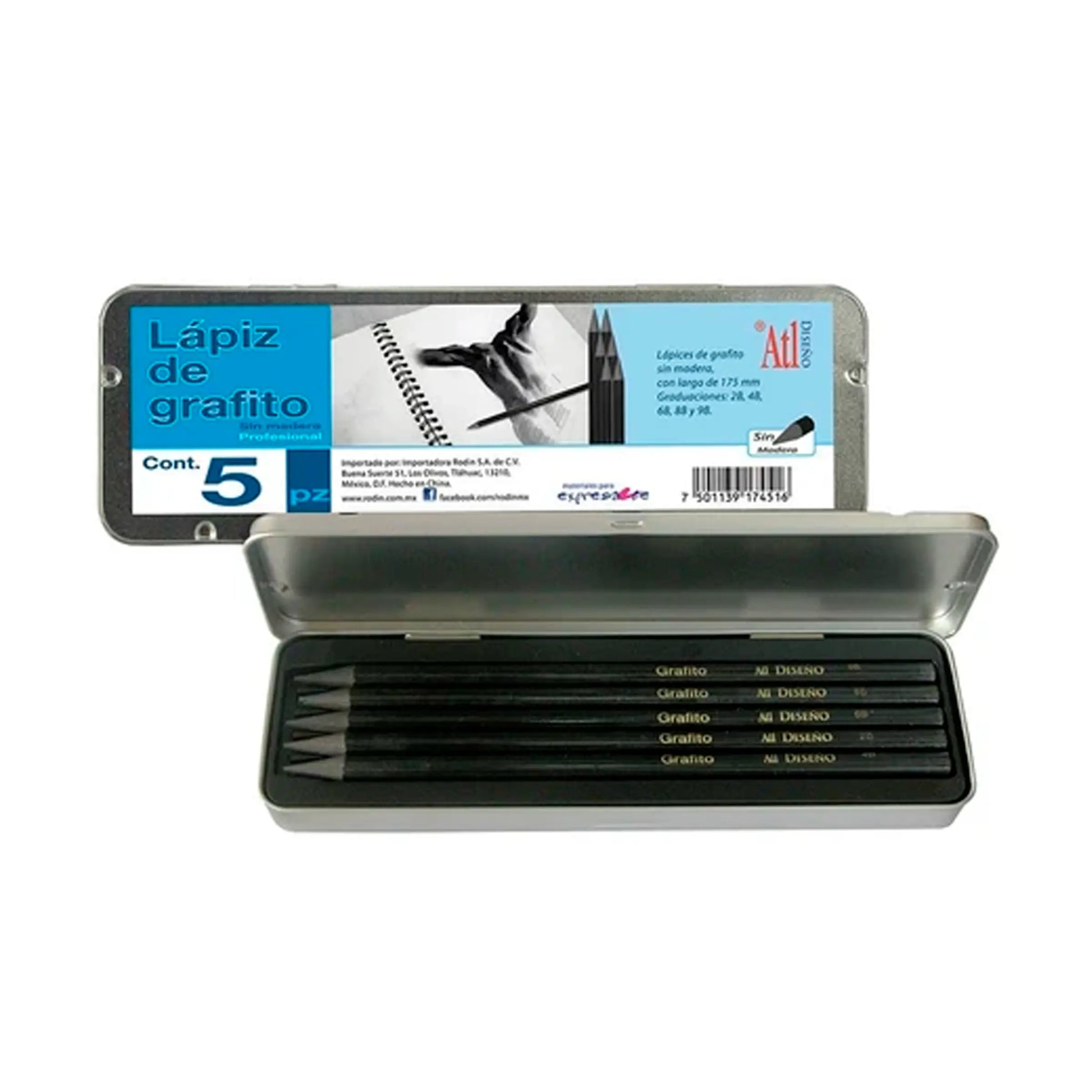 ATL - Estuche metálico con 5 lápices graduados sin madera ATL