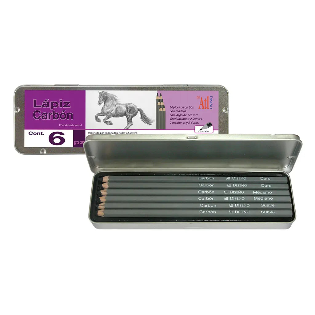 ATL - Set metálico con 6  lápiz carbón ATL