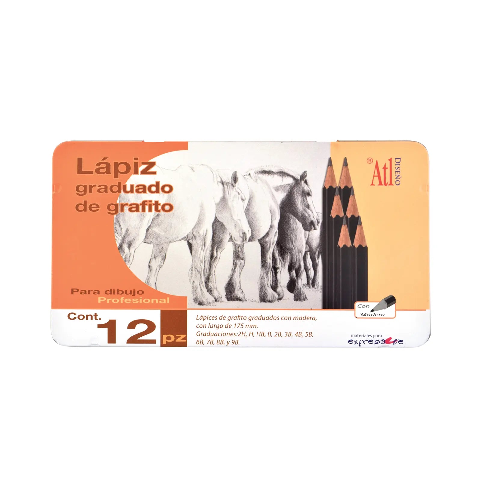 ATL - Estuche metálico con 12 lápices graduados de grafito ATL