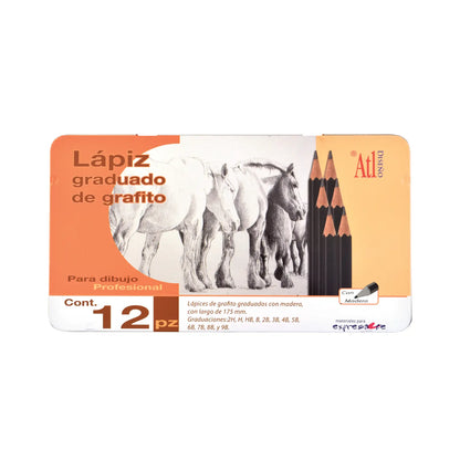 ATL - Estuche metálico con 12 lápices graduados de grafito ATL