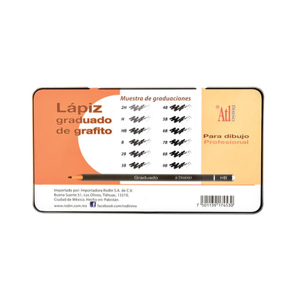 ATL - Estuche metálico con 12 lápices graduados de grafito ATL