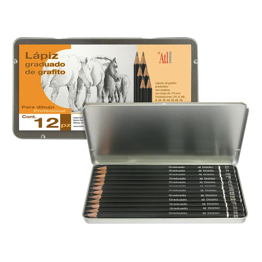 ATL - Estuche metálico con 12 lápices graduados de grafito ATL