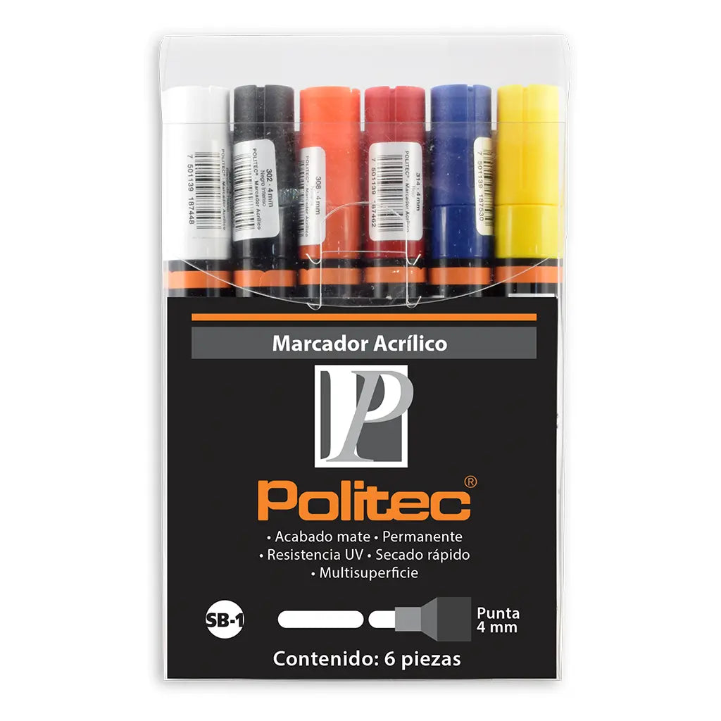 POLITEC -  Set con 6 marcadores acrílicos punta 4mm Politec
