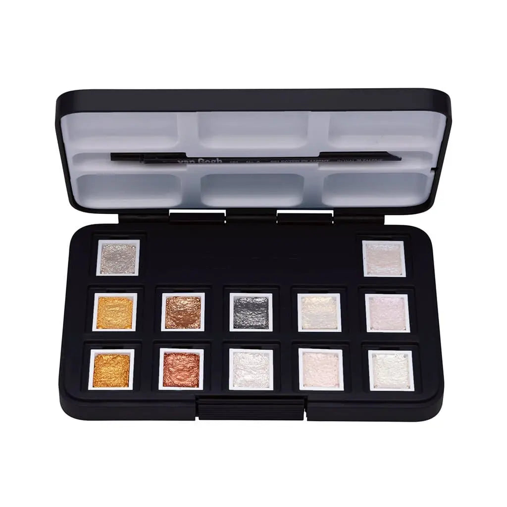 Van Gogh - set acuarela con 12 pastillas de colores metálicos + pincel Van Gogh