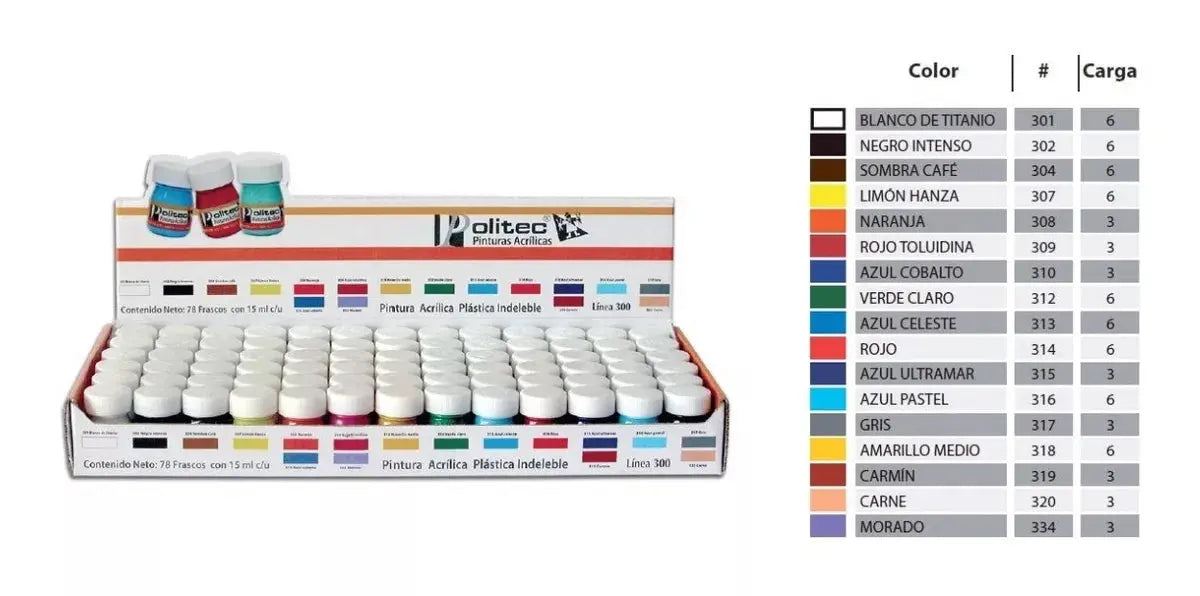 Kit Pinturas Acrílicas Politec Línea 300 Estuche 78 Frascos - Politec - contenido