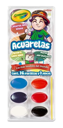 Acuarelas Crayola Base Agua Lavables 16 Colores Y 1 Pincel - MarchanteMX