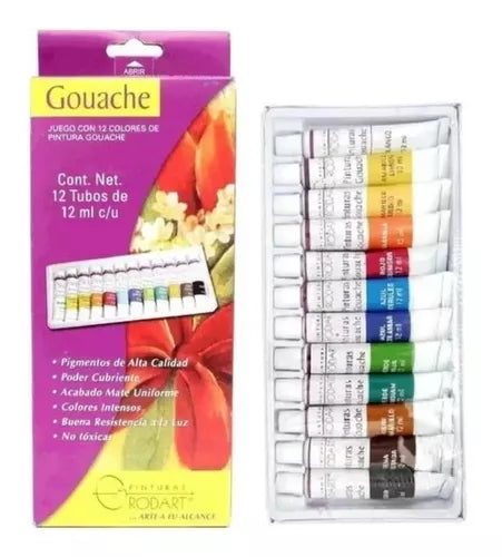 Kit Estuche Pinturas Gouache Rodart Tubo 12 Colores 12 Ml