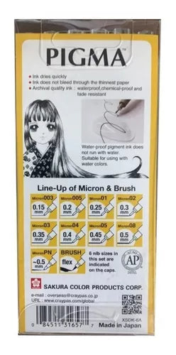 Kit Estilógrafo Pigma Micron Tinta Negra con Puntas Diferentes 6 Piezas