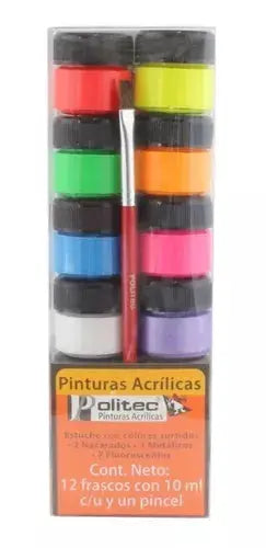 Kit Pinturas Acrílicas Politec 12 Colores Neón Y Metálicos 10 Ml C/u y Pincel - Politec