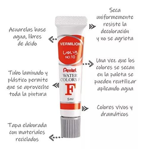 Estuche 18 Tubos Acuarelas Profesionales Pentel Arts 5ml C/U