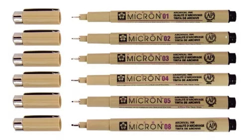 Kit Estilógrafo Pigma Micron Tinta Negra con Puntas Diferentes 6 Piezas