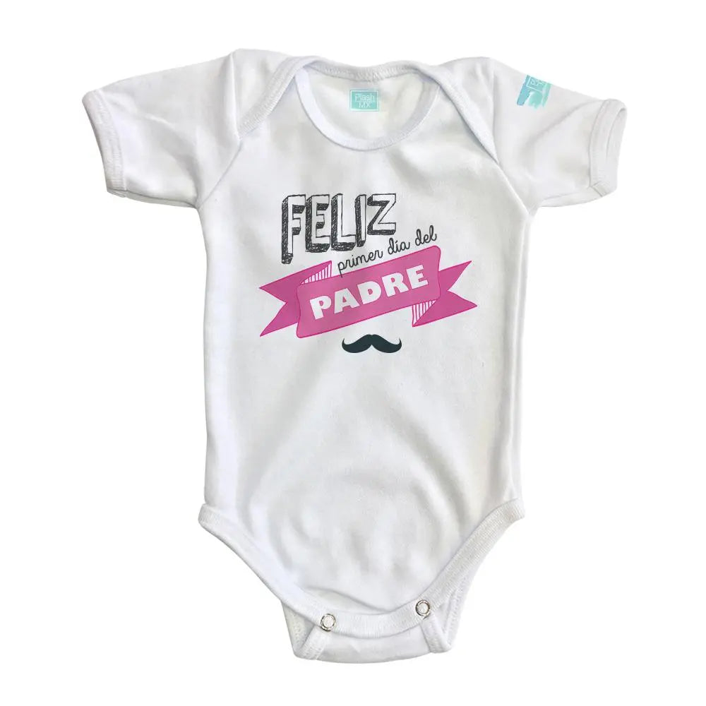 Body Bebé Feliz Primer Día del Padre Diseño Rosa Manga Larga / Blanco. / 12m - PLASH - vista lateral