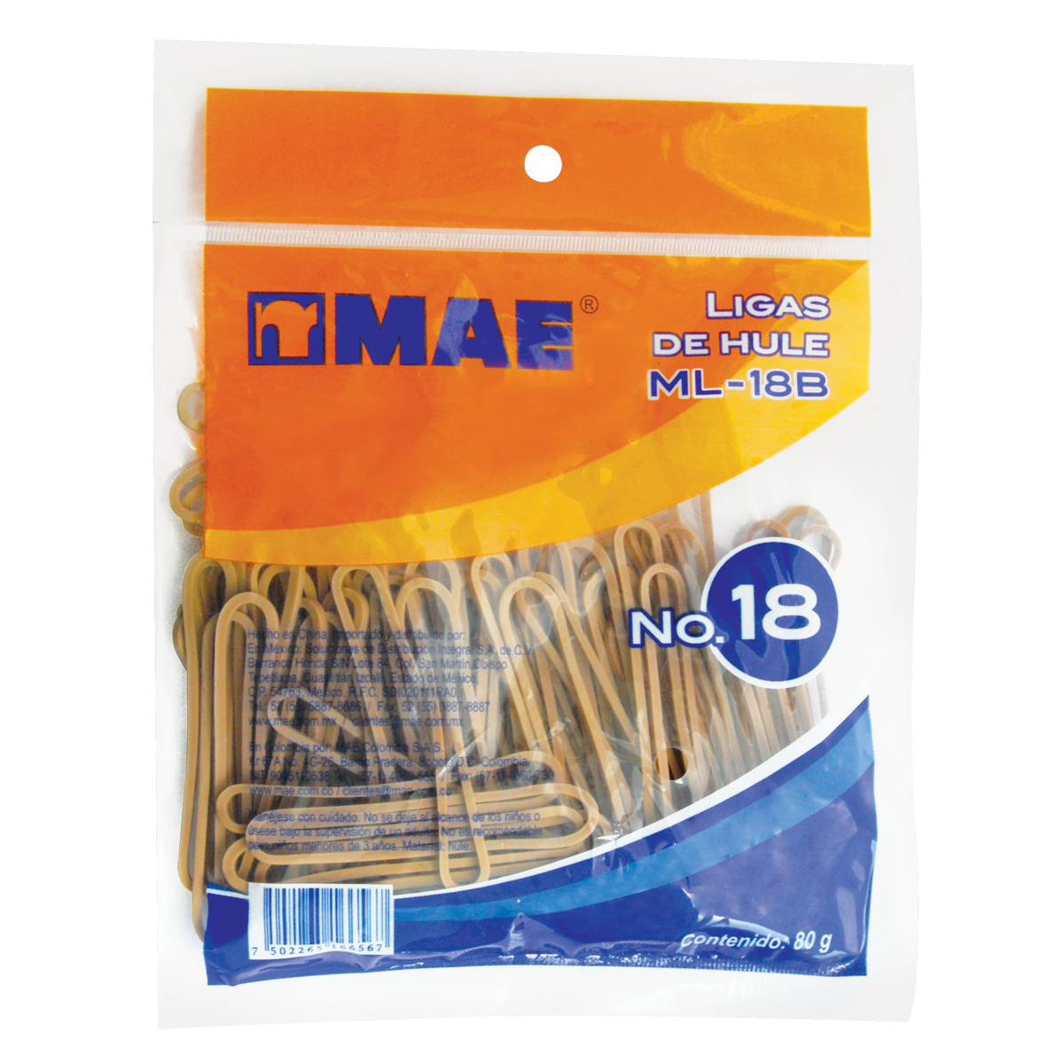 Liga de hule #18 natural Mae bolsa con 80 gramos