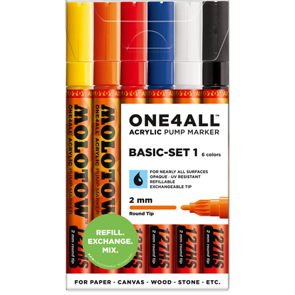 MOLOTOW -SET BÁSICO N¬∞ 1 CON 6 MARCADORES ACRÍLICOS ONE4ALL 127HS PUNTA REDONDA 2 MM