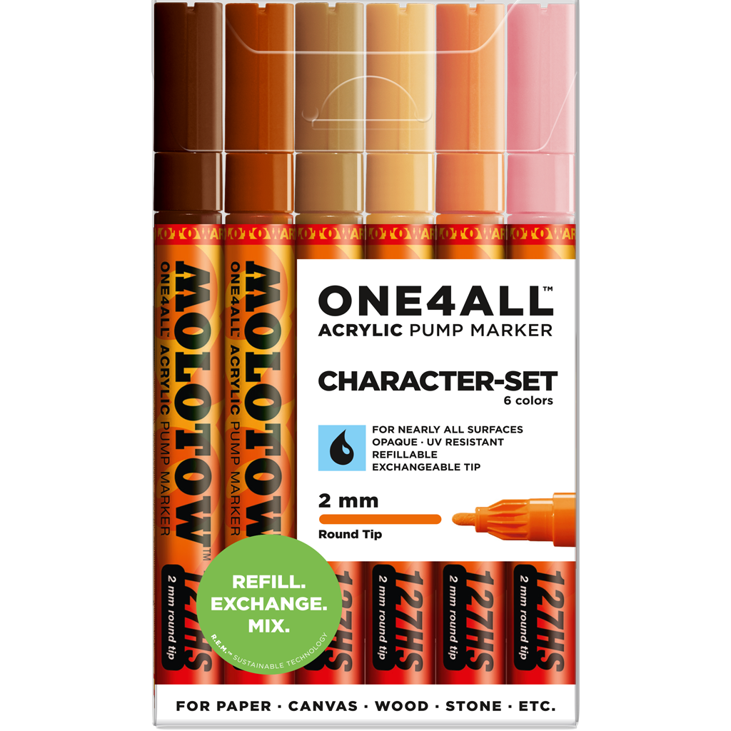 MOLOTOW - Set  character con 6 marcadores acrílicos one4all punta redonda 2 mm